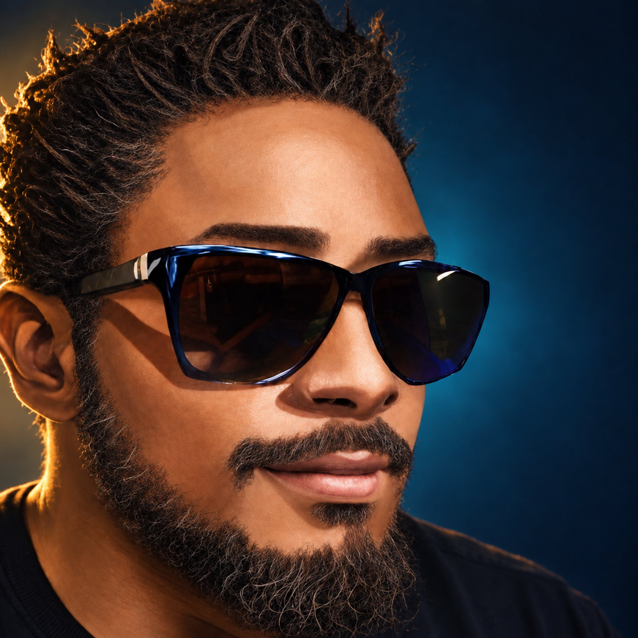 OldMan Bee wearing dark sunglasses in a blue and gold studio portrait